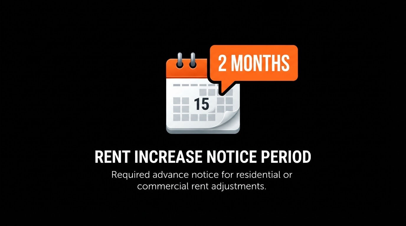 Calendar graphic highlighting two months notice for a rent increase with an orange callout on a black background