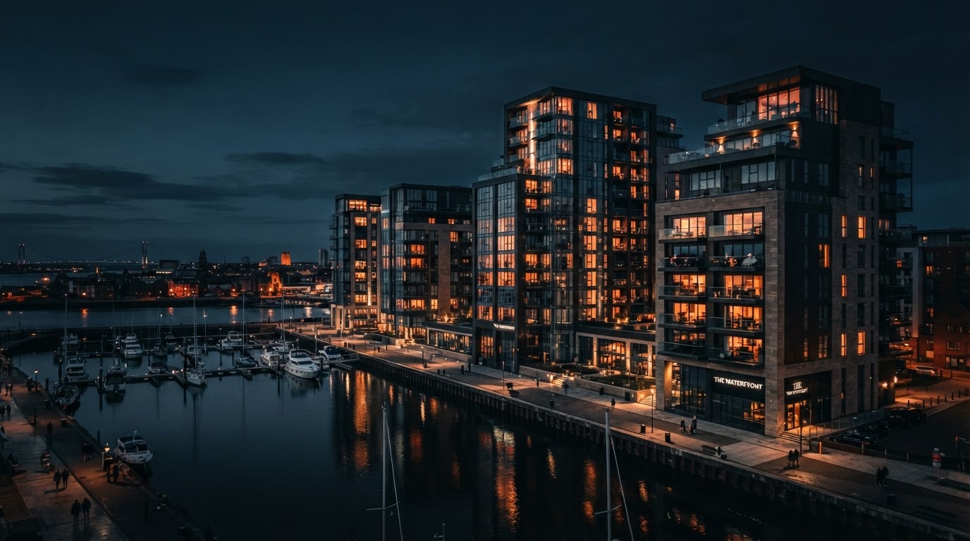 Modern Hull waterfront apartment development at dusk