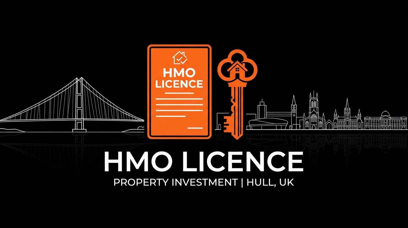 Hull skyline line art including the Humber Bridge with an orange licence icon on a black background