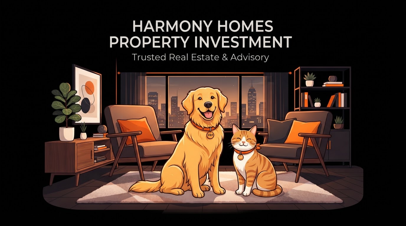 Friendly illustration of a dog and cat in a home setting with orange accents on a black background