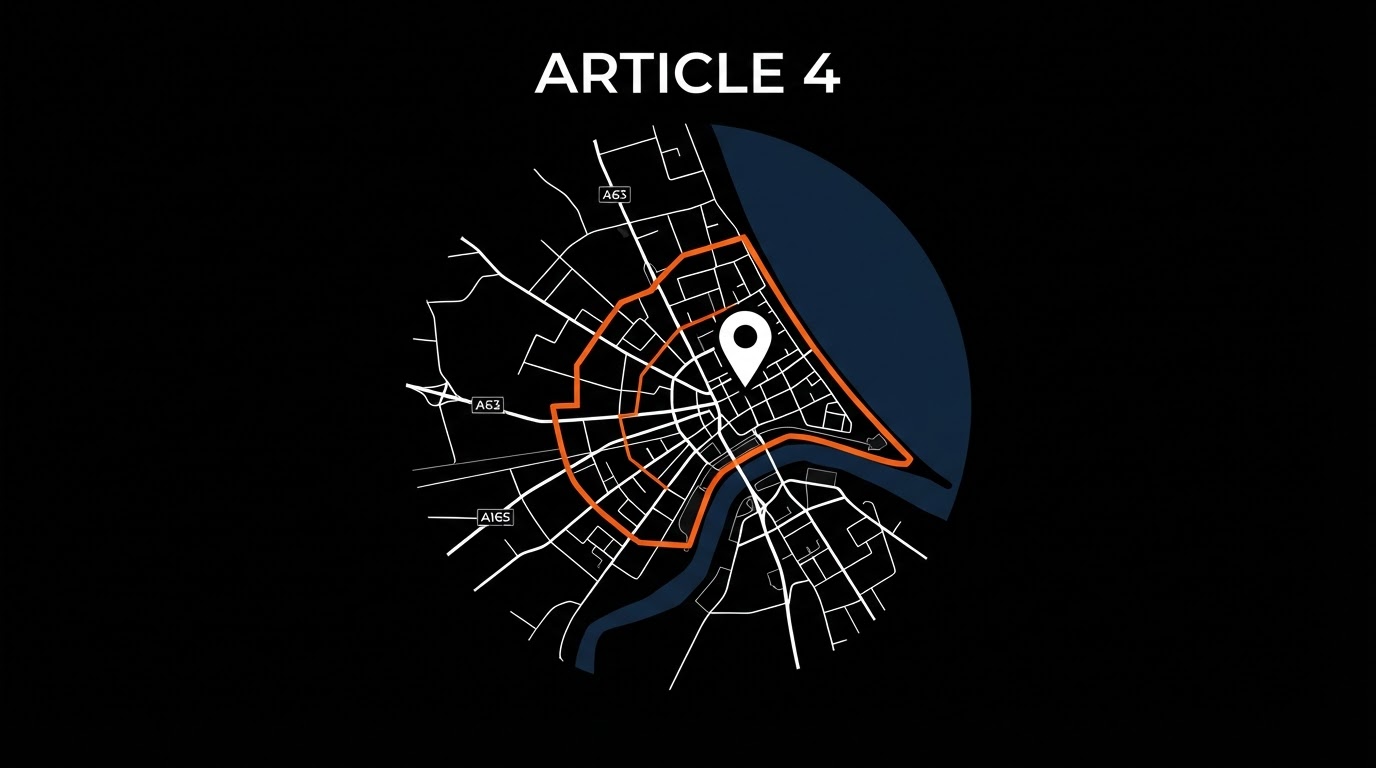 Stylised Hull street map with an orange boundary line representing the Article 4 area on a black background