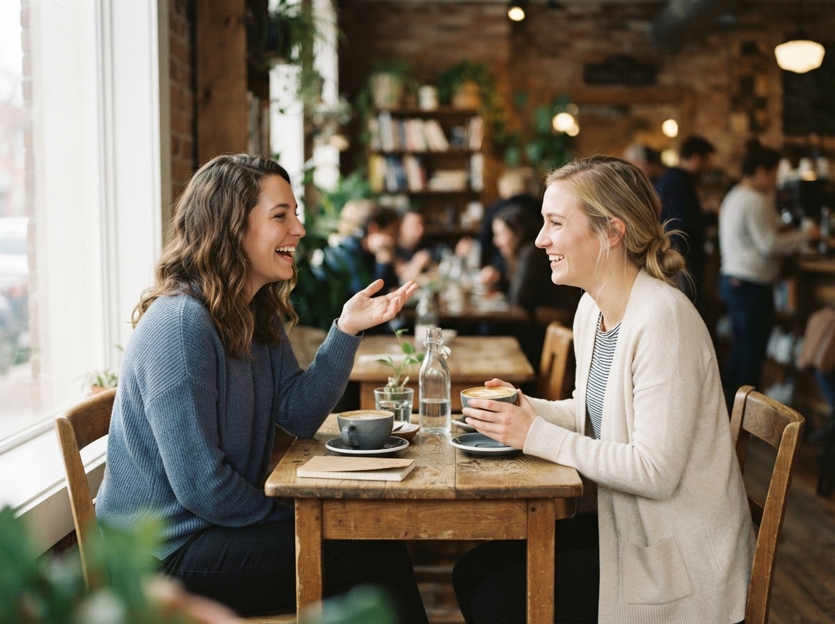 Two women chatting over coffee, sharing a genuine conversation