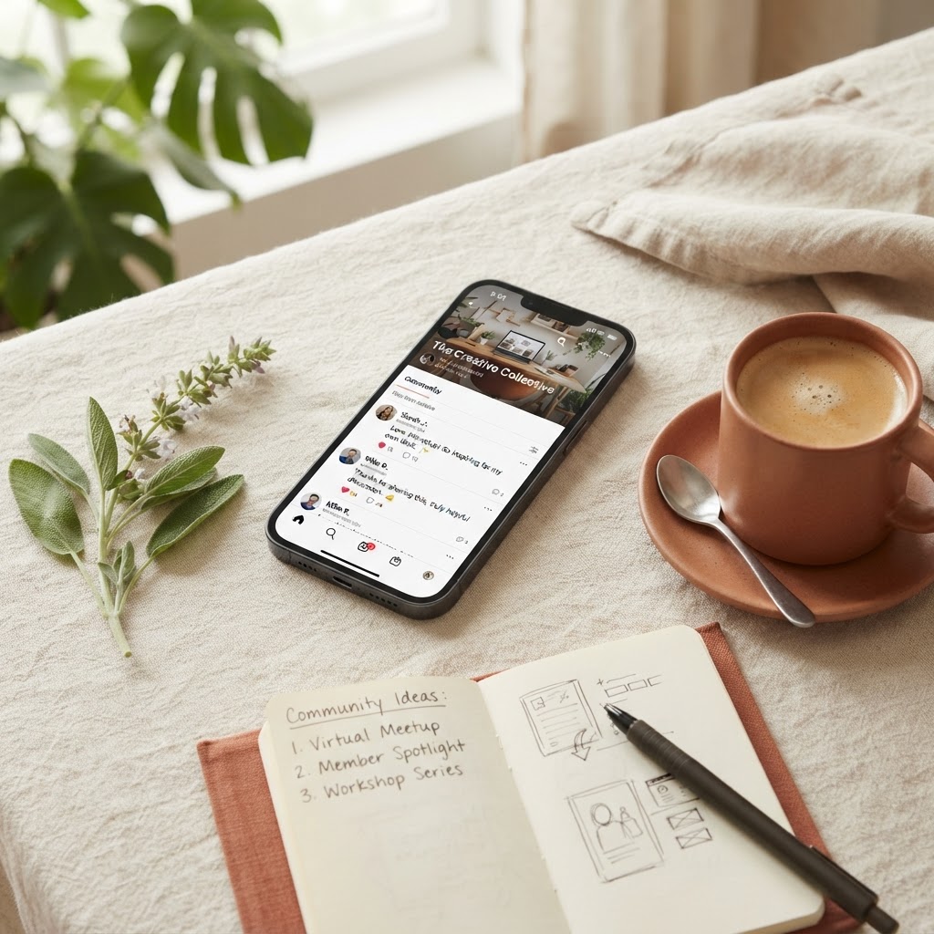 Smartphone showing a digital networker community group feed with coffee and notebook