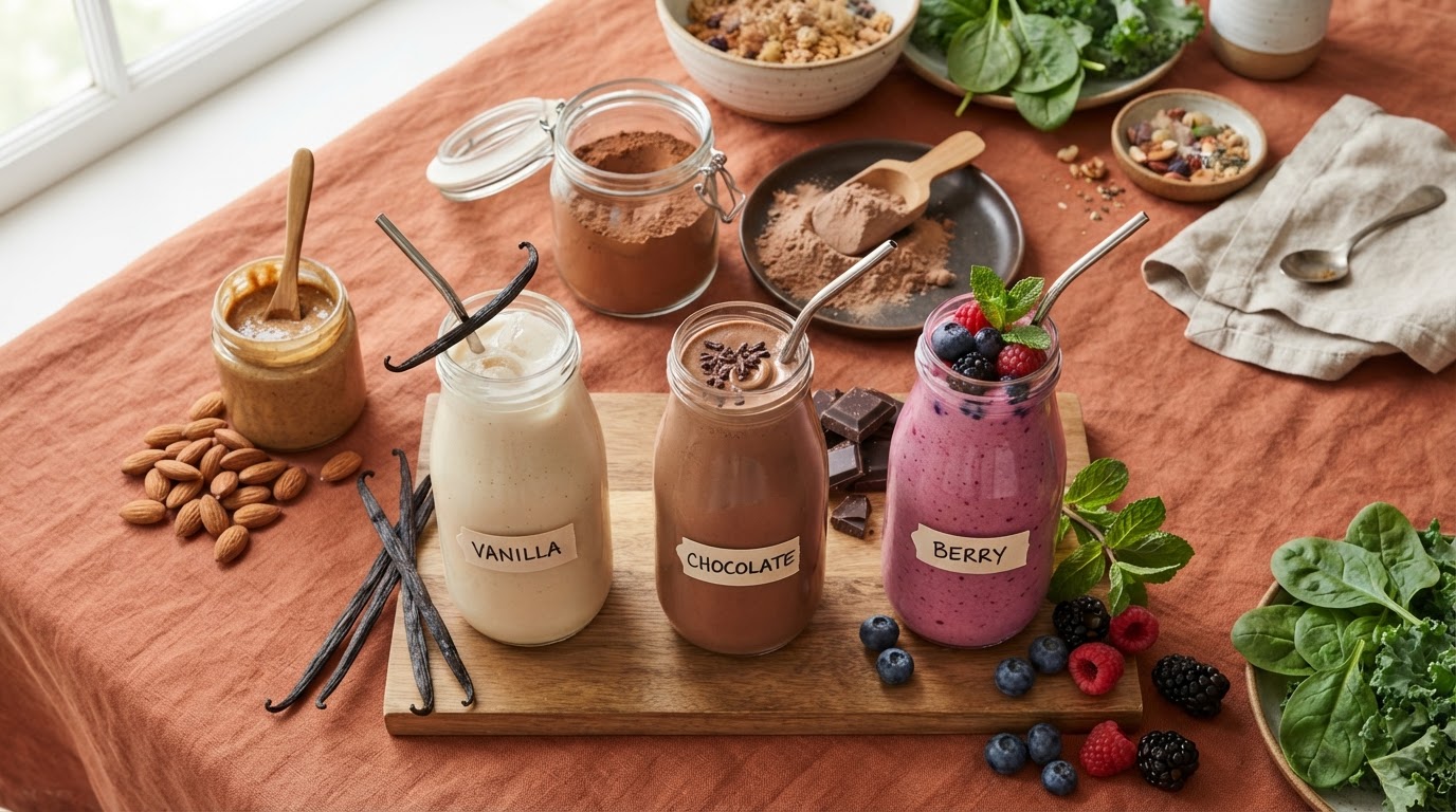 Flat lay of three protein shakes in vanilla, chocolate and berry flavors with fresh ingredients