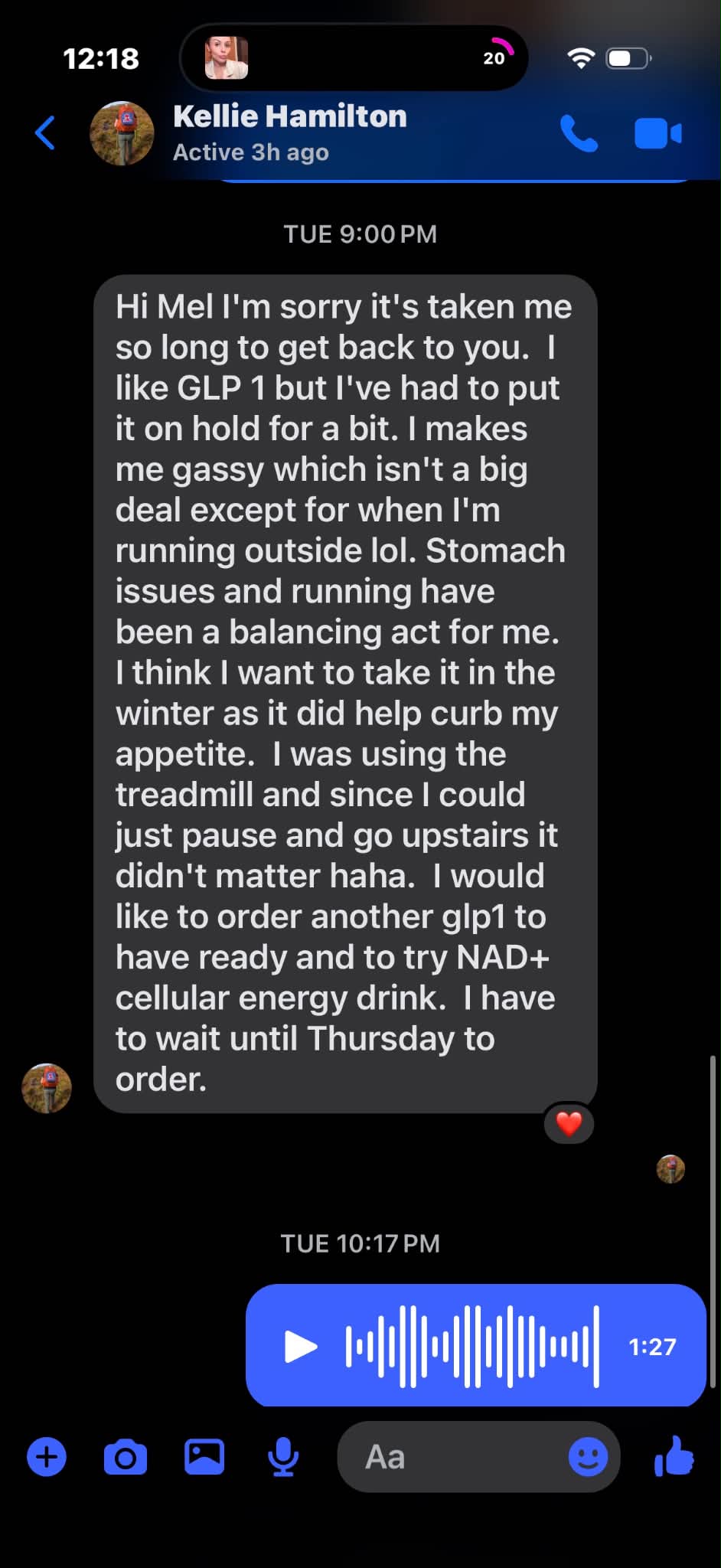 Real text conversation: Ordering another GLP-1 + excited to try the new NAD+ drink