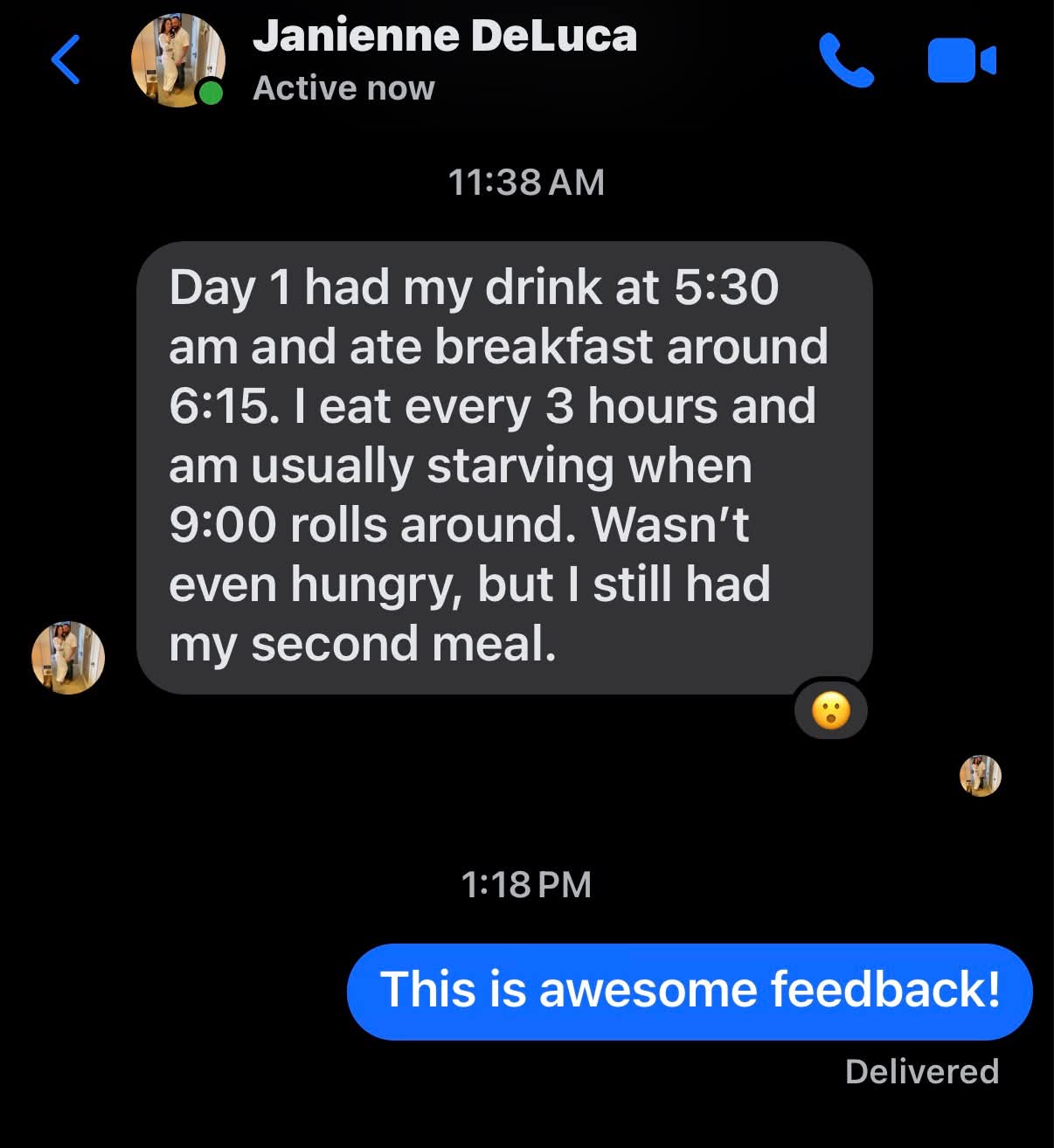 Real text conversation: Usually starving by 9am — Day 1 wasn't even hungry