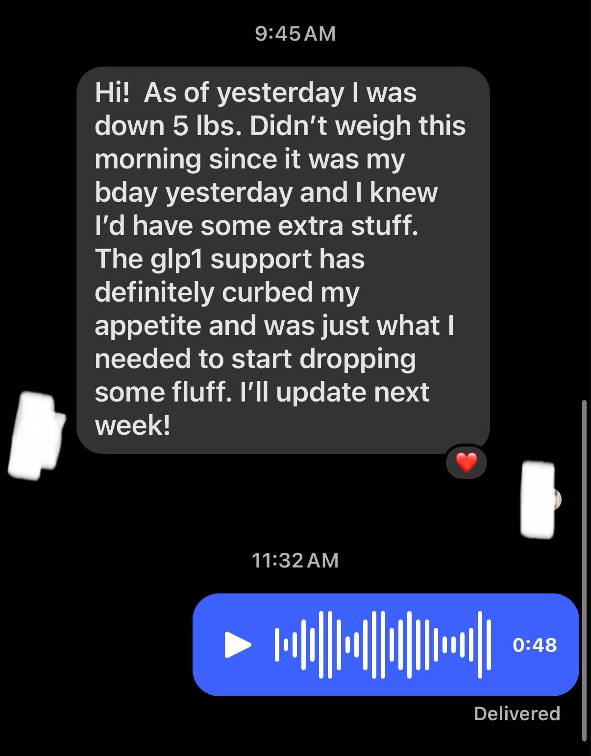 Real text conversation: Down 5 lbs & curbing appetite