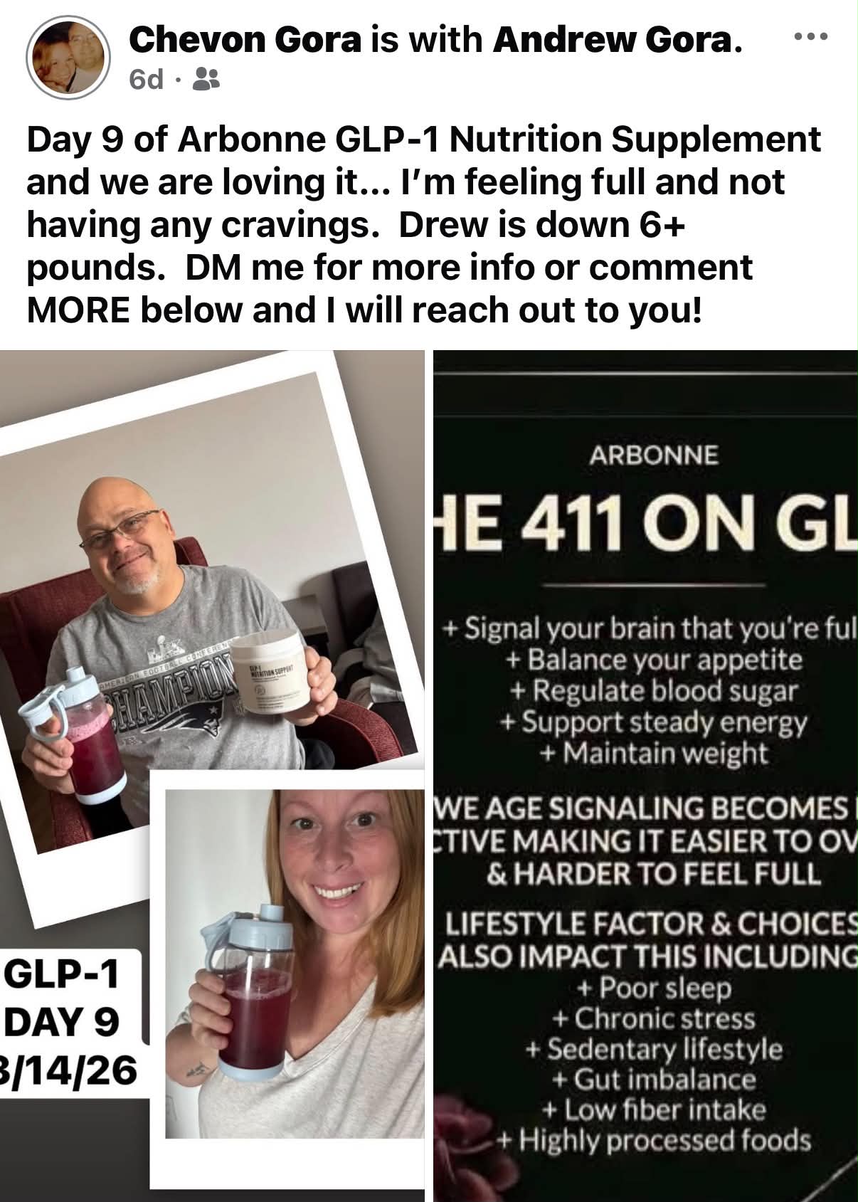 Real text conversation: Day 9 on Arbonne GLP-1: Feeling full, zero cravings & Drew is down 6+ lbs!