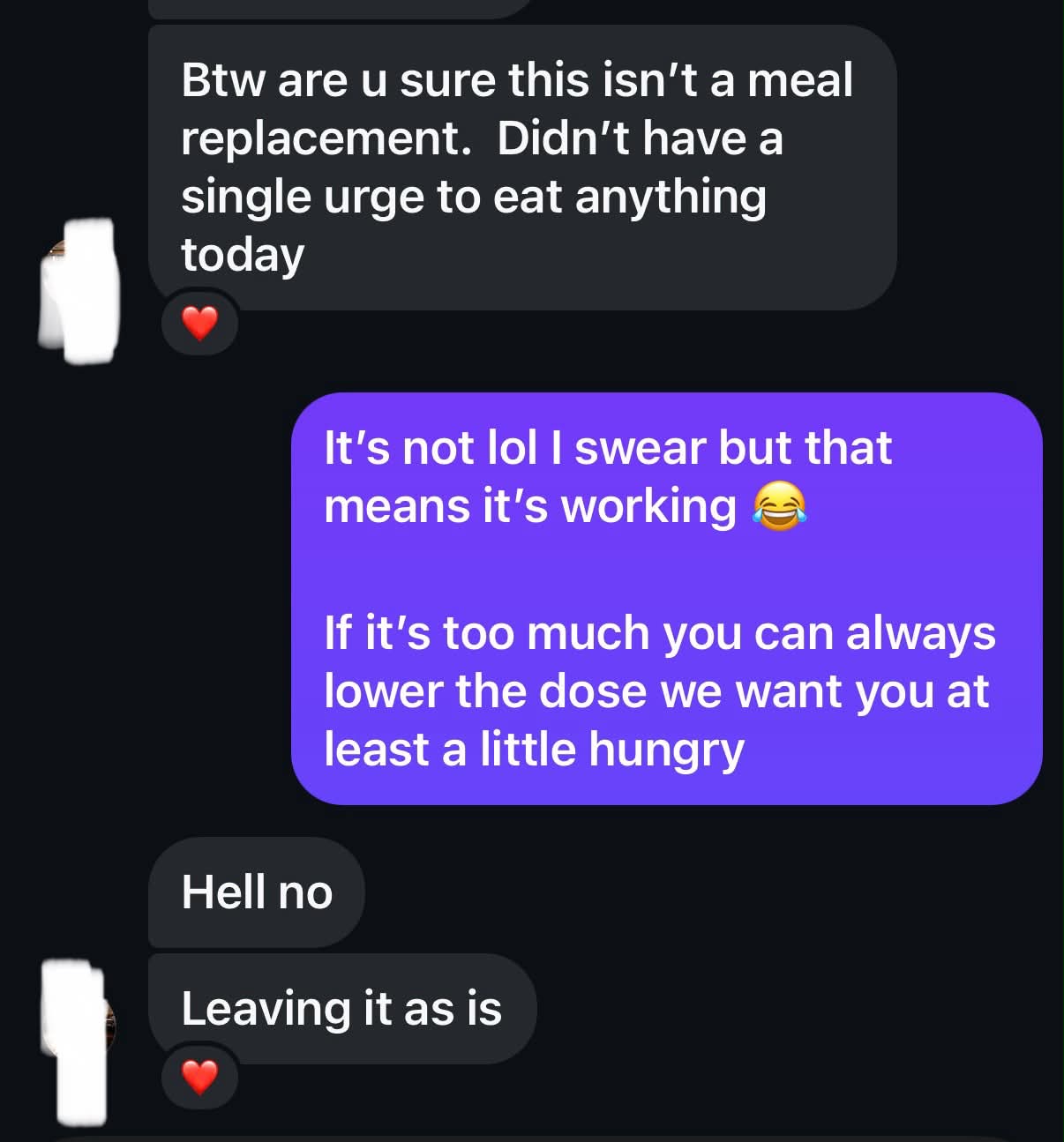 Real text conversation: Zero urge to eat — 'Are u sure this isn't a meal replacement?'