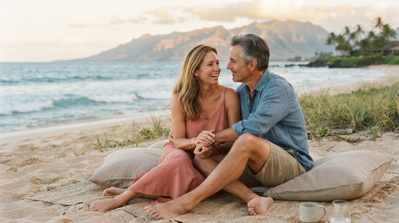 Two people in relaxed, real conversation in a beautiful Maui setting