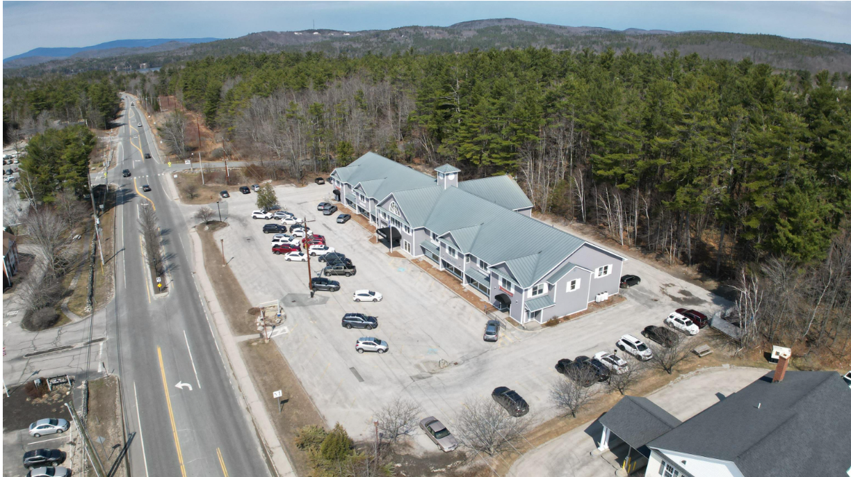 Aerial view of The Gallery showing ample parking out front