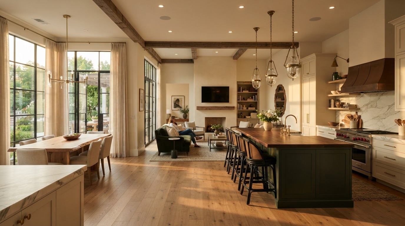 Open-concept remodeled home interior with kitchen, living, and dining areas in Cumming, GA