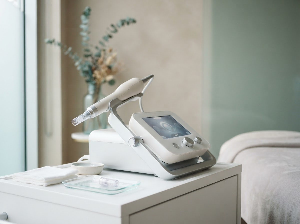 Professional RF microneedling treatment device in a boutique medical spa setting