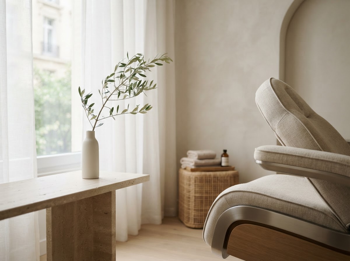 Serene boutique medical spa treatment room with soft natural light