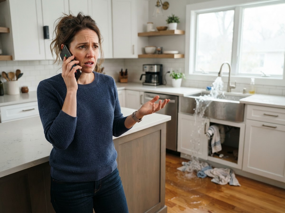 Homeowner calling a plumber about a leak