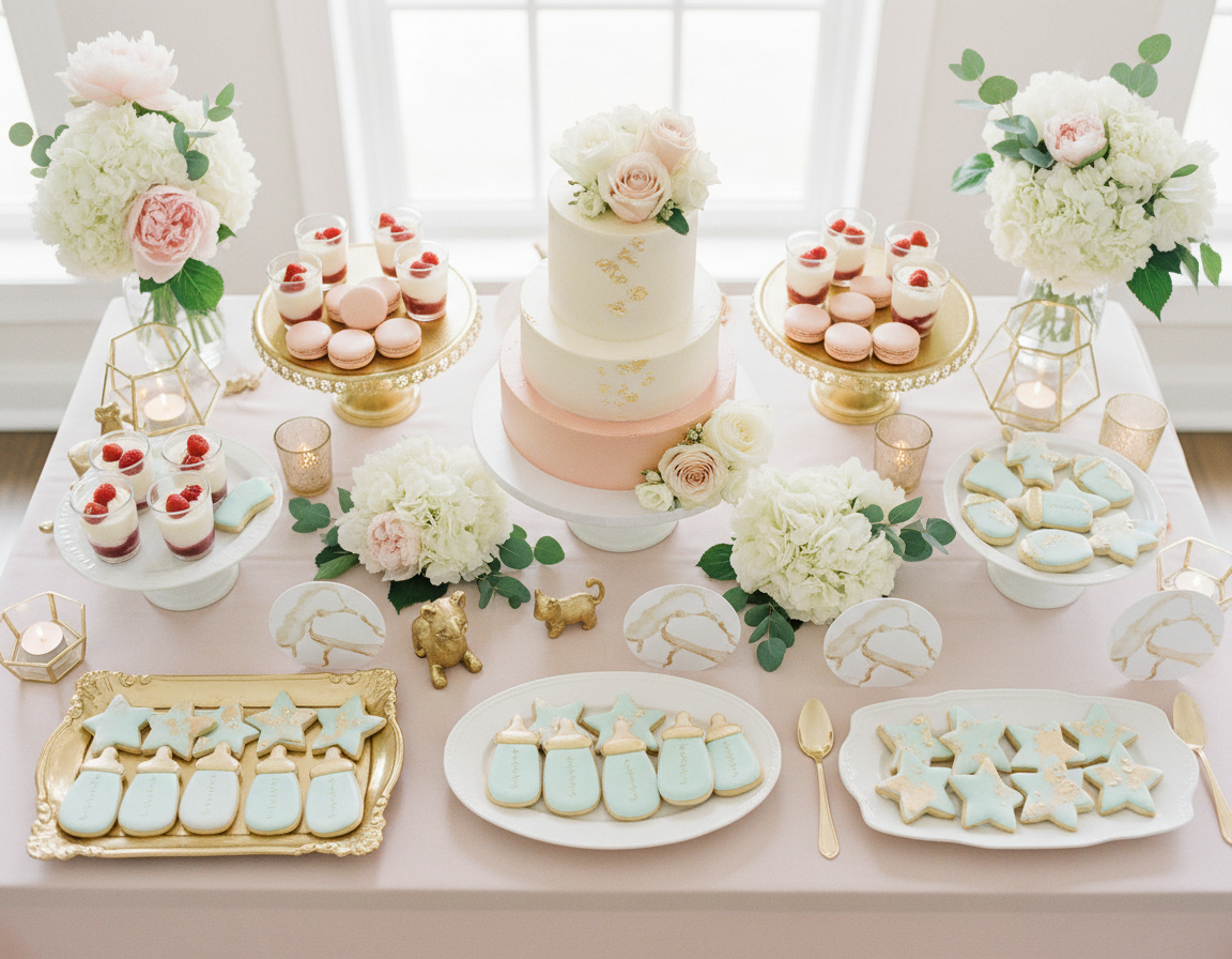 A baby shower venue set with decorations and seating at Parkmore