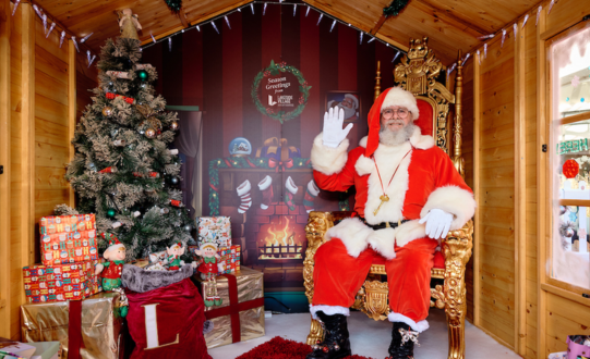 Father Christmas in his festive grotto with Christmas tree and presents
