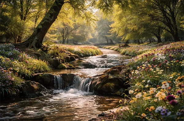 Serene sunlit stream flowing through wildflowers in lush woodland