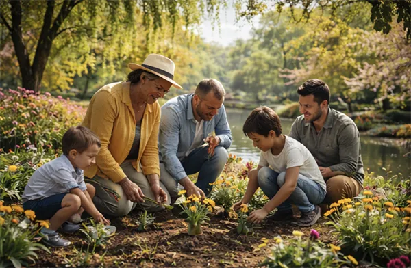 Multigenerational family planting flowers together with grandmother