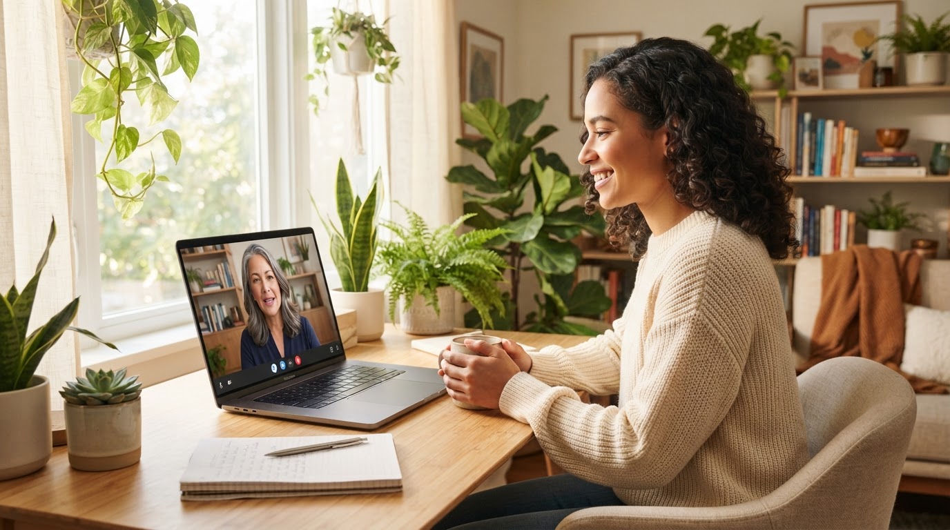 Virtual counseling session in a comfortable, sunny environment