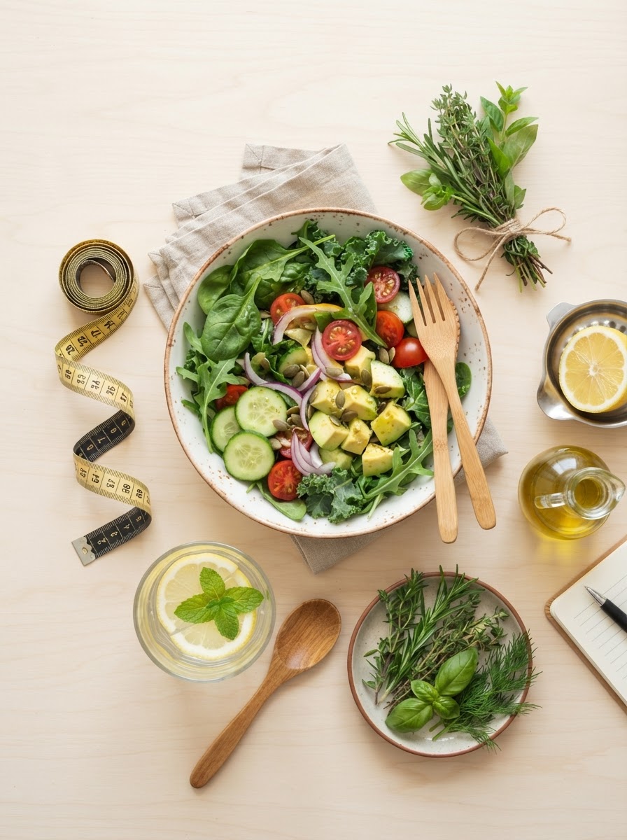 Fresh greens, water with lemon, and wellness essentials