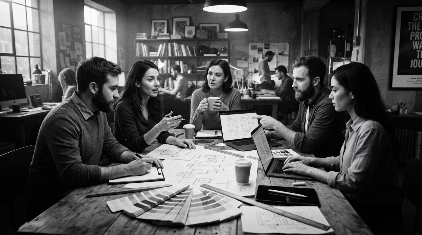 Creative team collaborating on custom branding designs