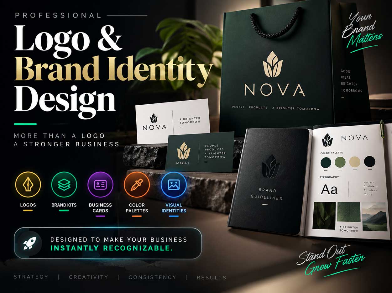 Luxury black and gold branding presentation with embossed business cards and logo kit