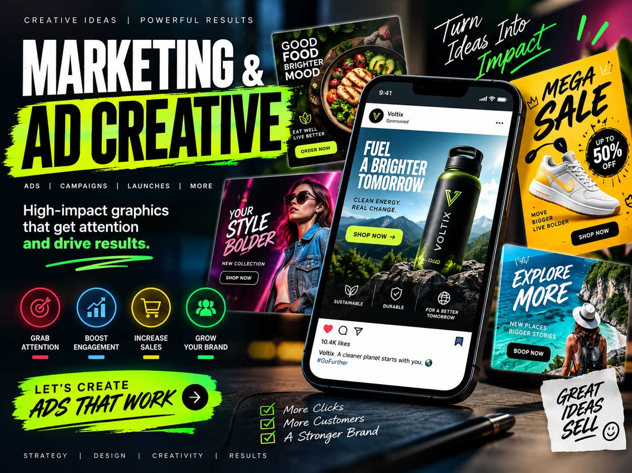 High-impact vibrant advertising campaign graphics and digital display layouts