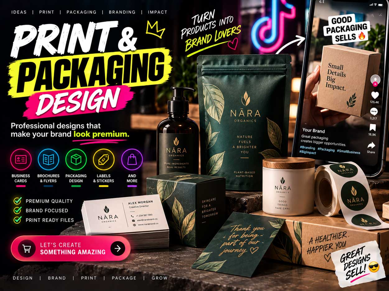 Print and packaging design showcasing Nāra Organics boxes, pouches, bottles and labels