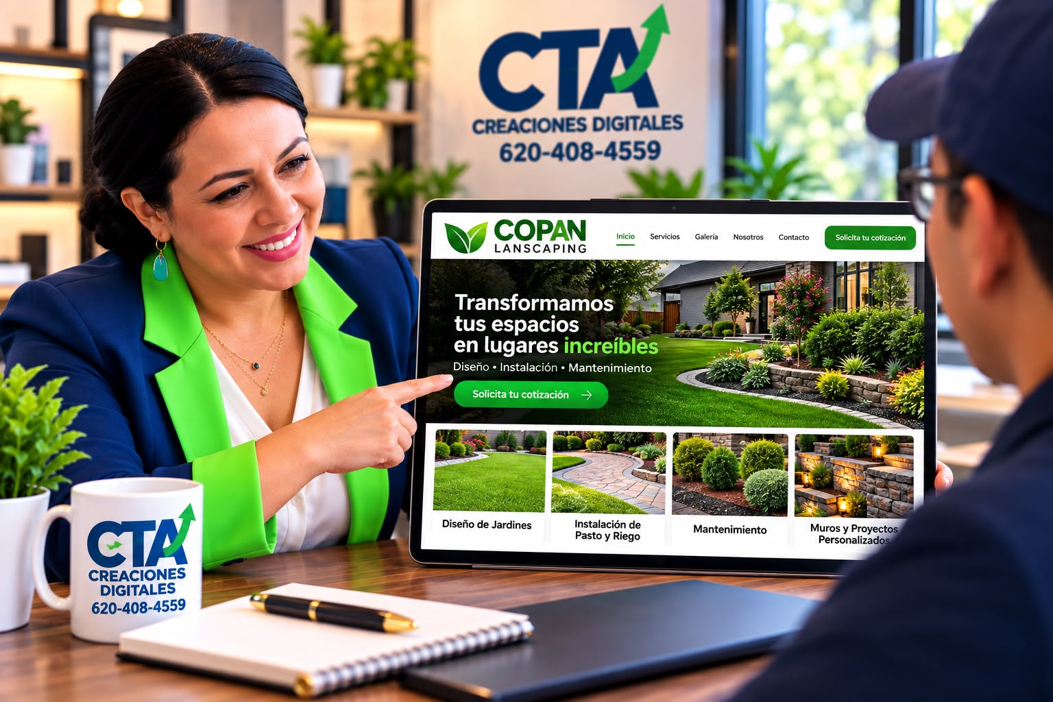 Francy presentando landing page de alta conversión para Copan Landscaping