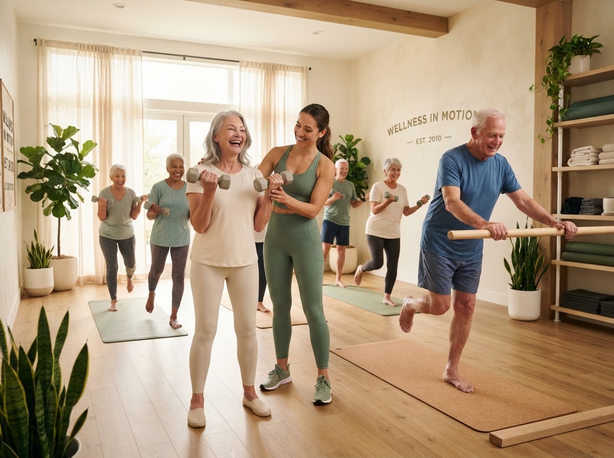 Adultos mayores activos y sonrientes entrenando juntos en Vitalia Club