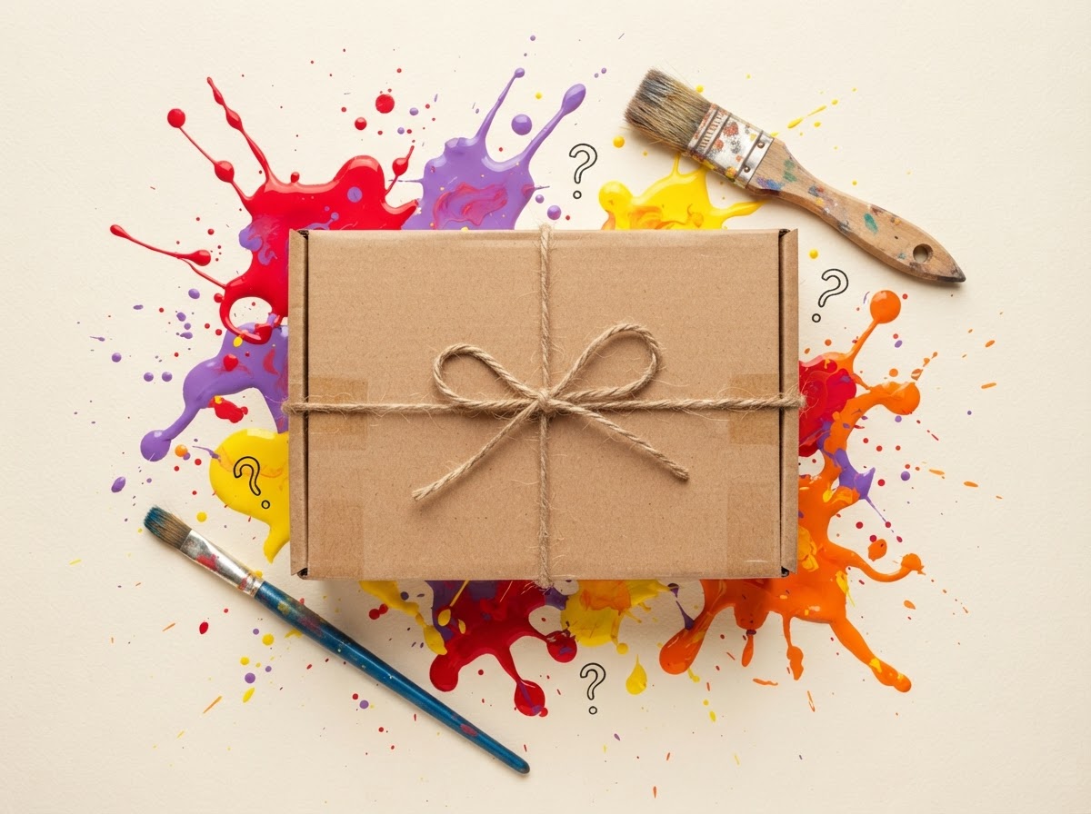 A closed kraft-paper art parcel surrounded by colorful paint splashes, brushes, and question marks
