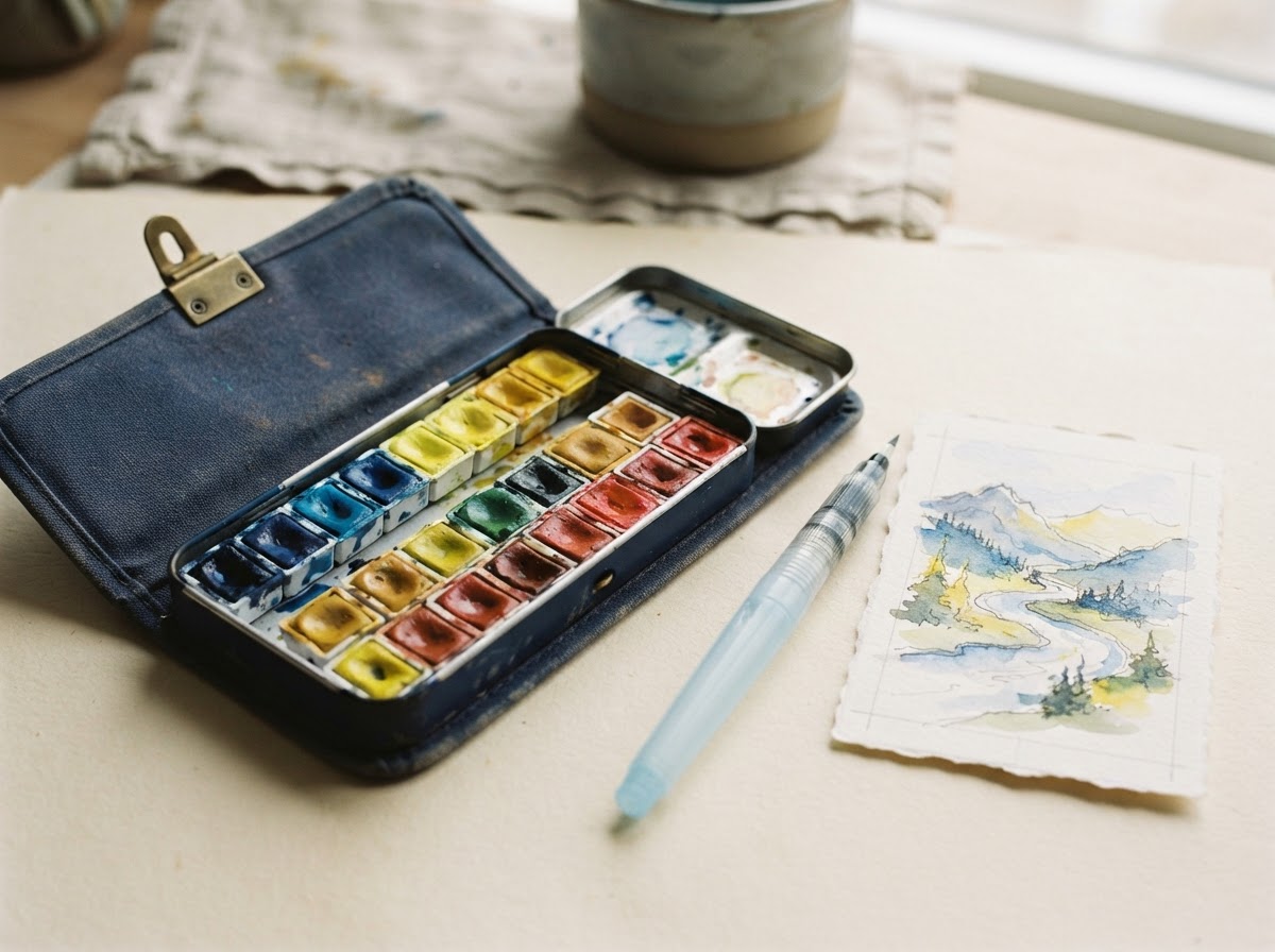 A portable watercolor kit with paint strips and a brush pen on a cream surface