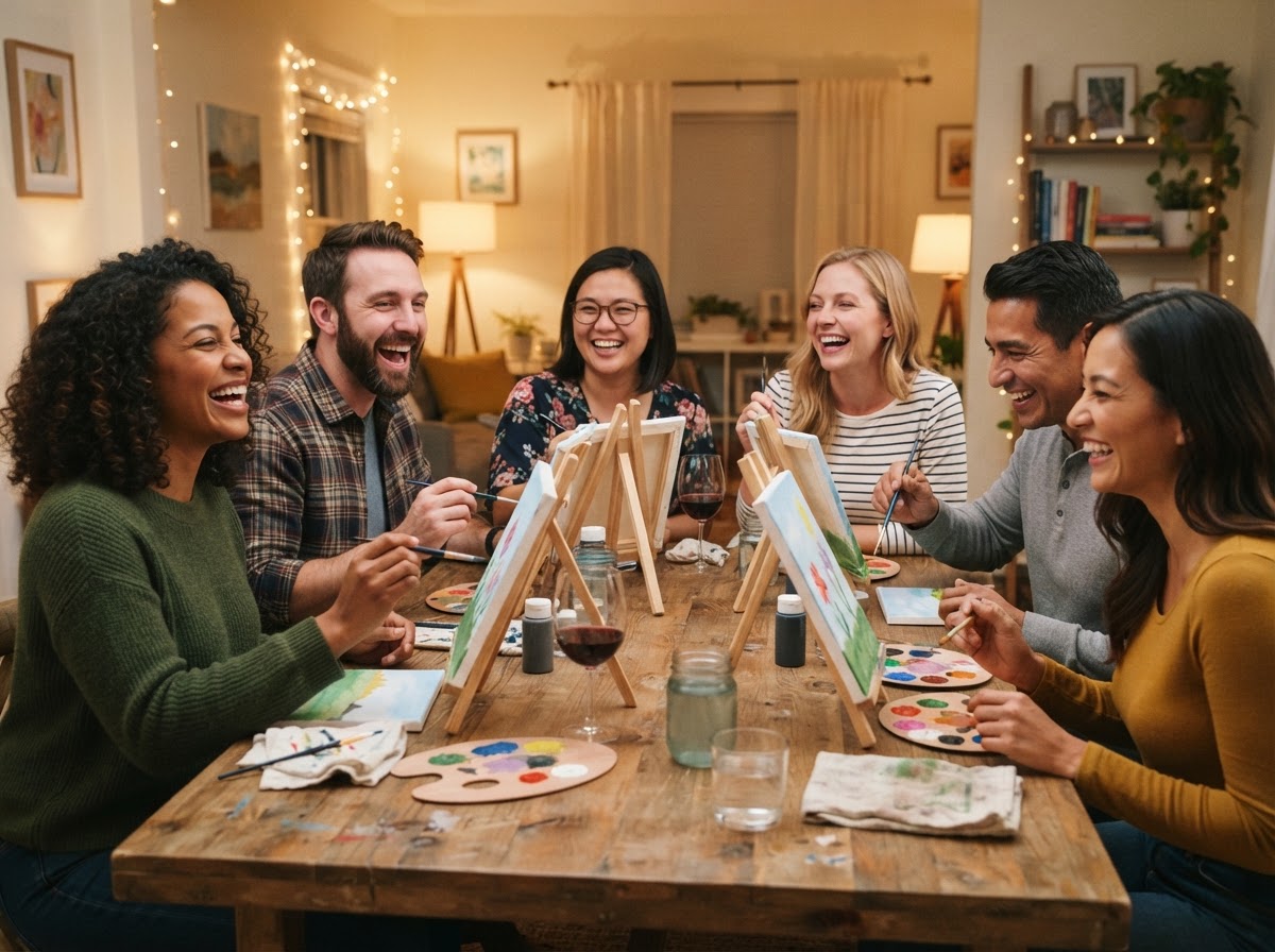 A group of adults enjoying a relaxed, beginner-friendly paint party together with canvases, brushes, and colorful paints