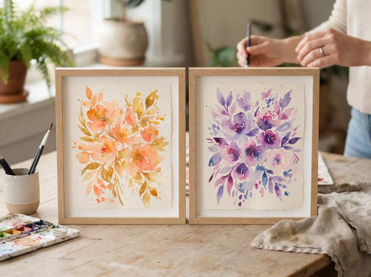Two coordinating watercolor paintings with orange and purple florals on cream paper