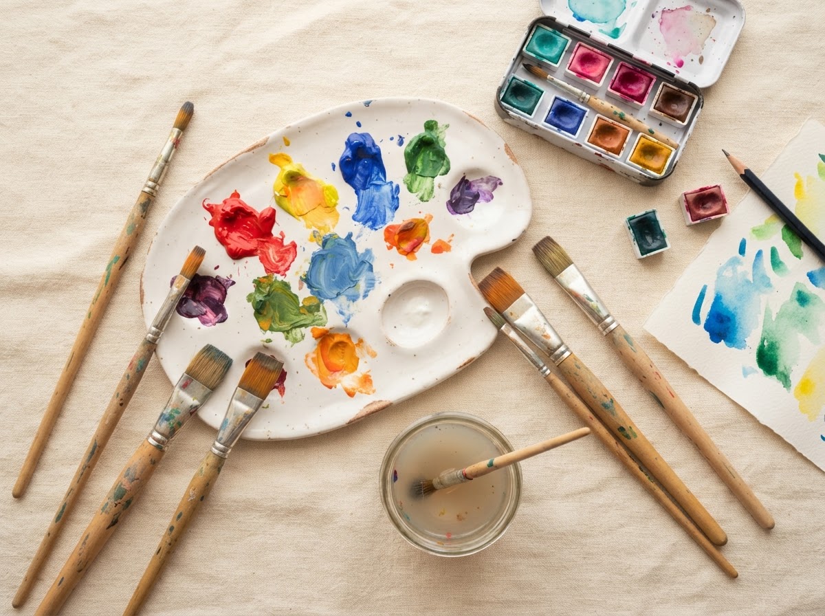 An Artful Parcel paint kit flat lay with brushes, vivid acrylic paints, and a palette on a cream surface