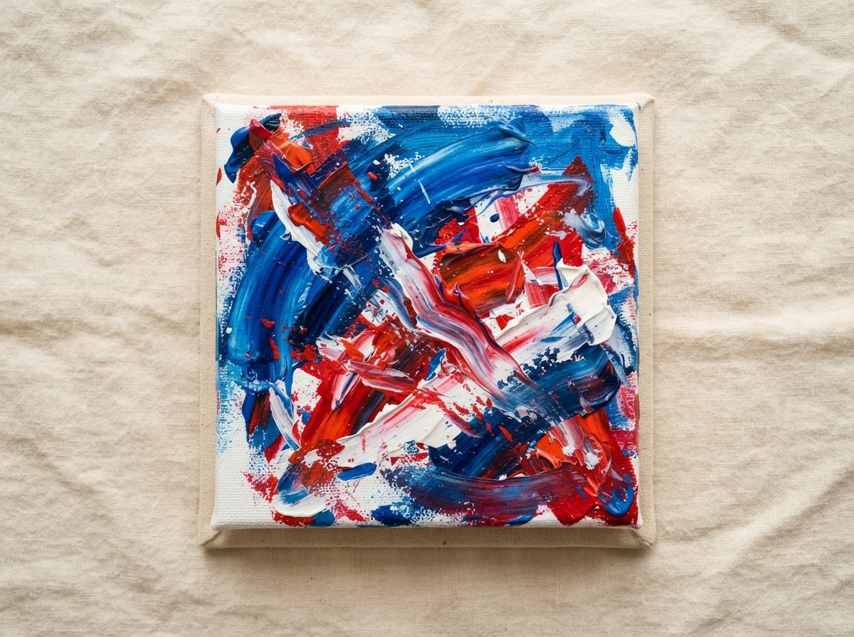A vivid abstract acrylic painting with bold red and blue brush strokes on cream