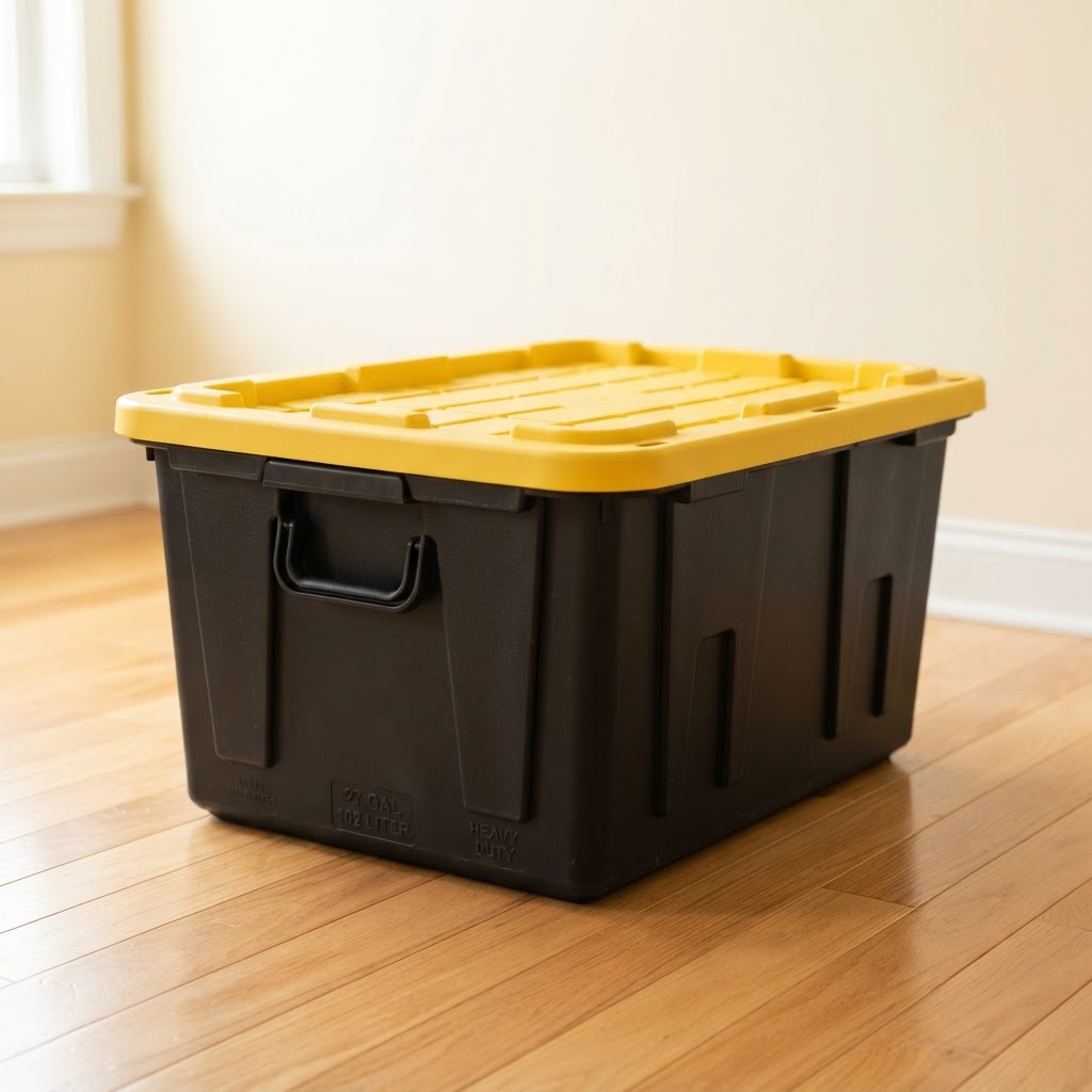 27-gallon heavy-duty tote — black base with bright yellow snap-tight lid