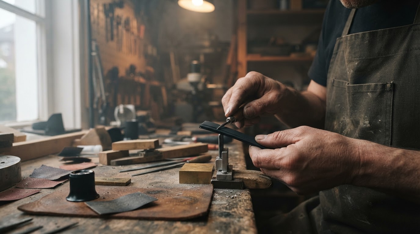 Close-up of an artisan hand-finishing a matte black FKM watch strap by EXACT