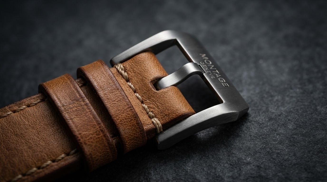 Macro of premium leather strap clasp and machined steel buckle connector by EXACT