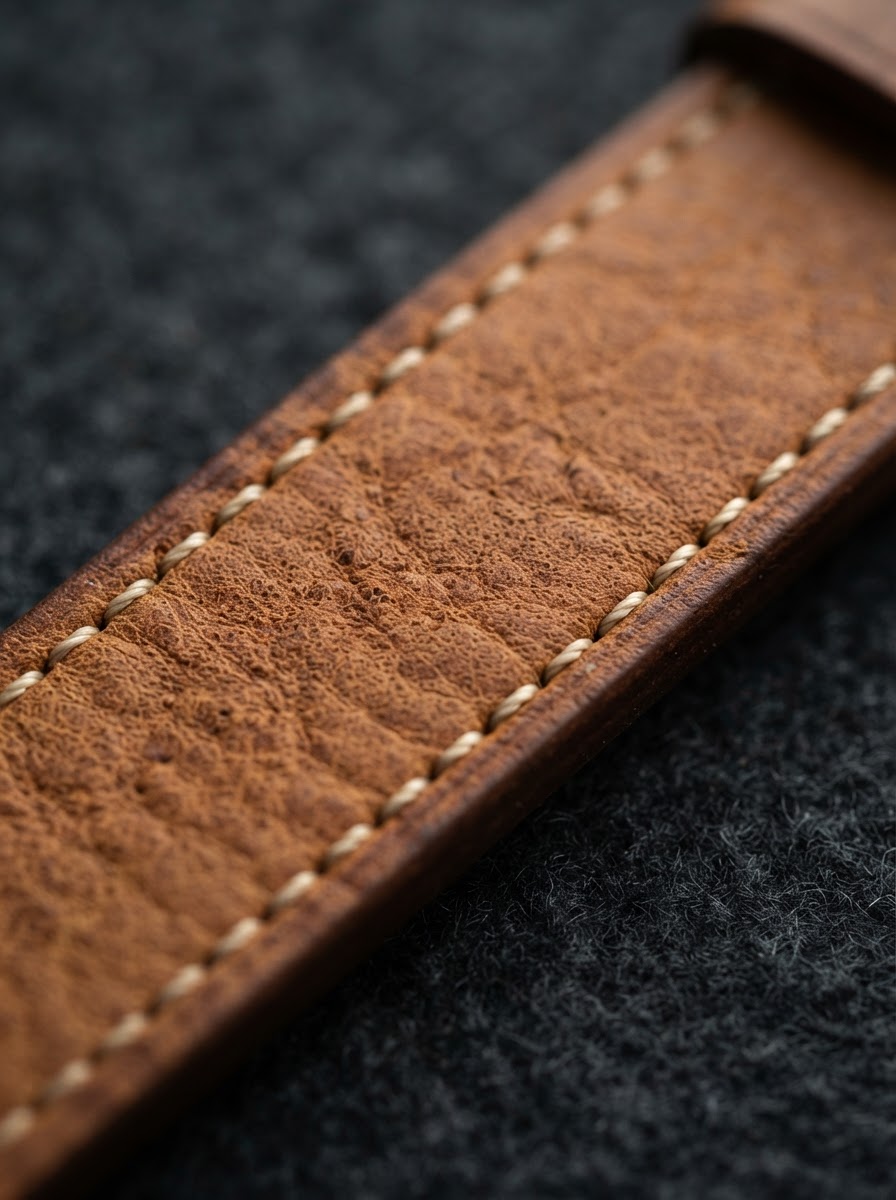 Macro photography of full-grain genuine leather grain and hand stitching by EXACT