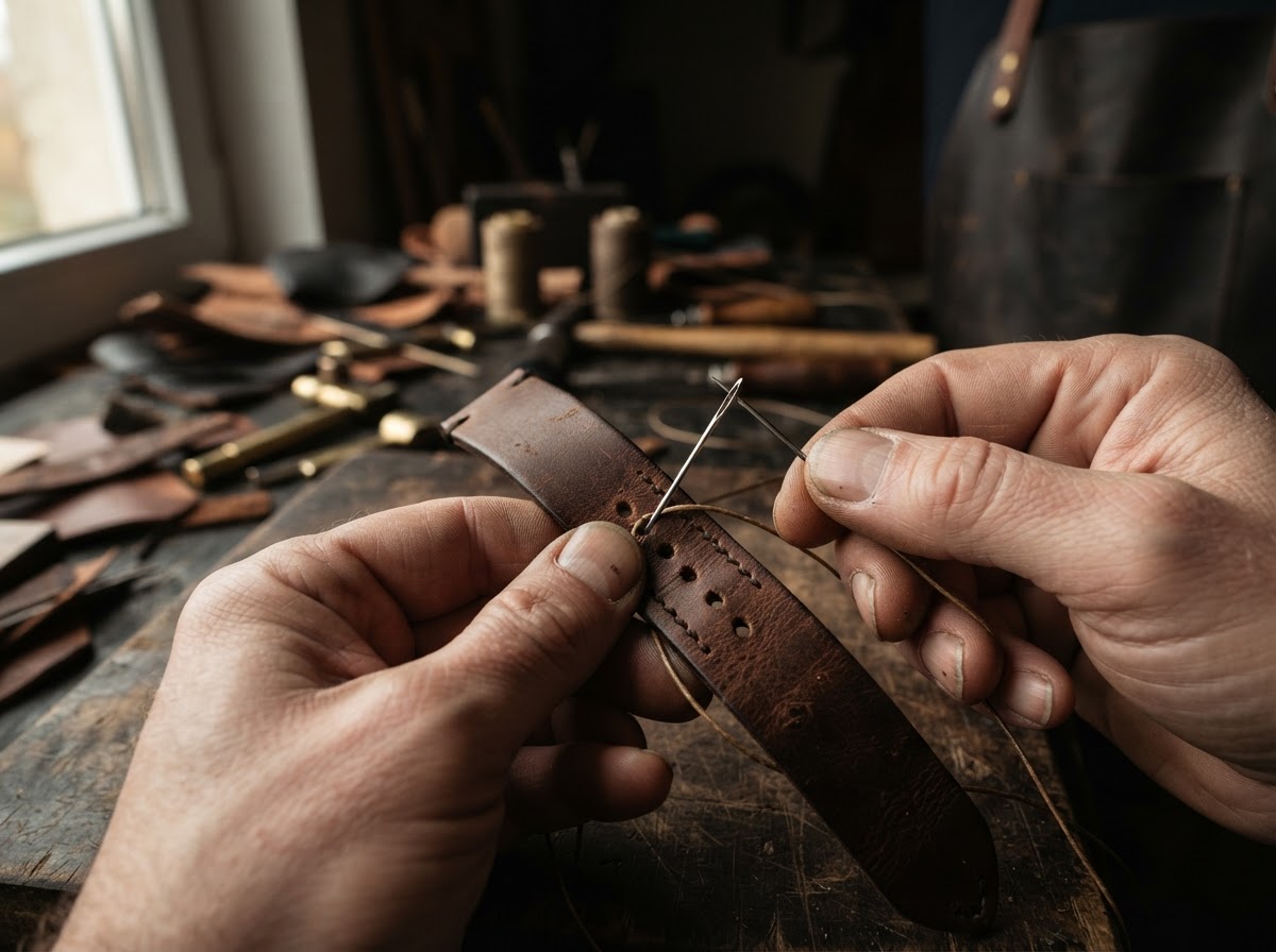 Close-up of an artisan's hands saddle-stitching a premium leather watch strap by EXACT