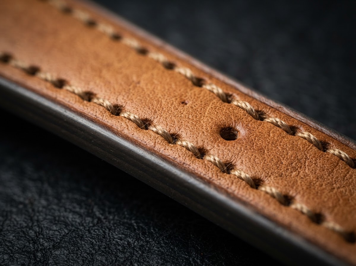 Macro photography of hand-stitched full-grain leather strap edge by EXACT