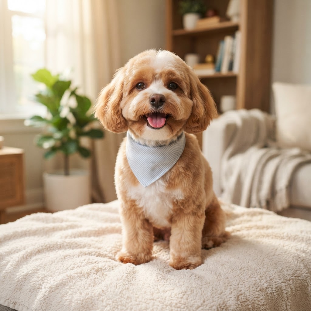 A freshly groomed small dog with a clean, fresh smile after grooming