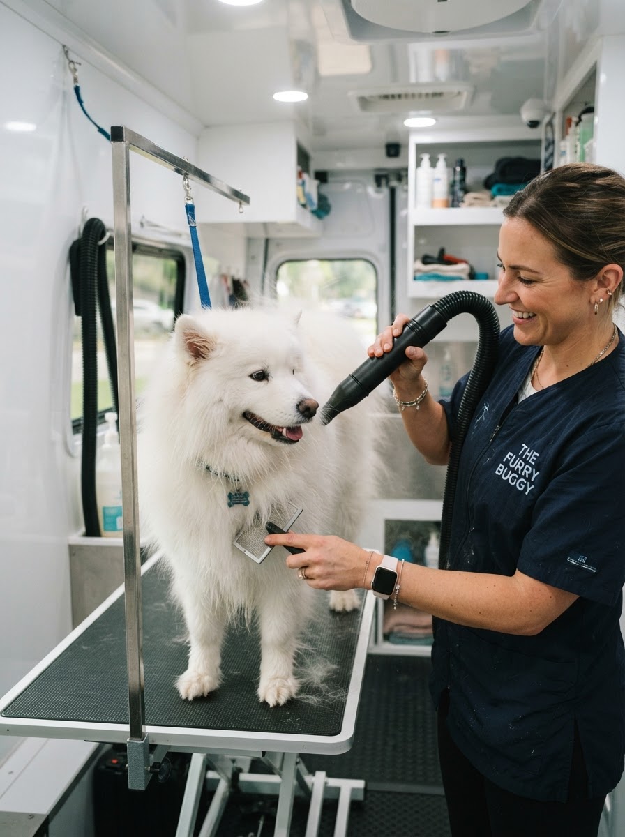 A groomer blow-drying and brushing a freshly bathed fluffy dog