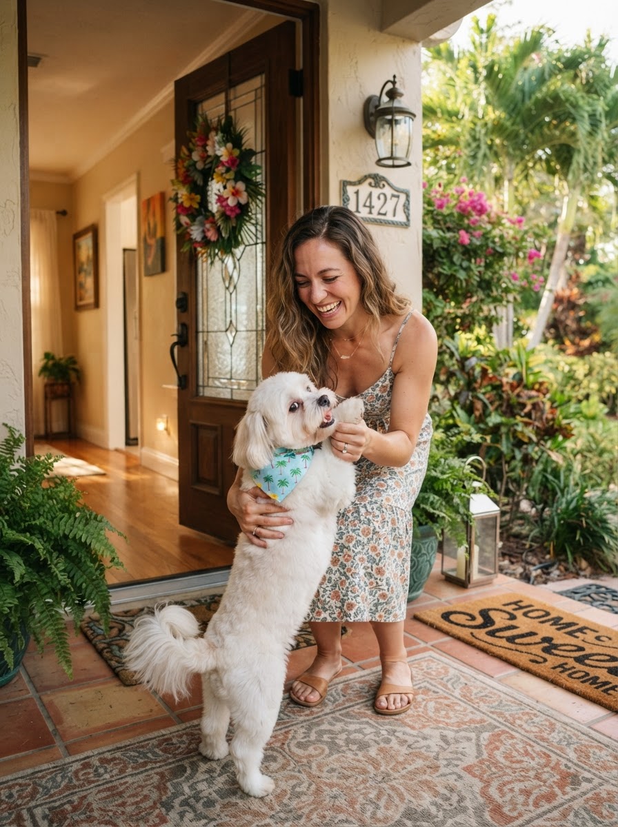 A pet owner greeting their freshly groomed dog at the front door