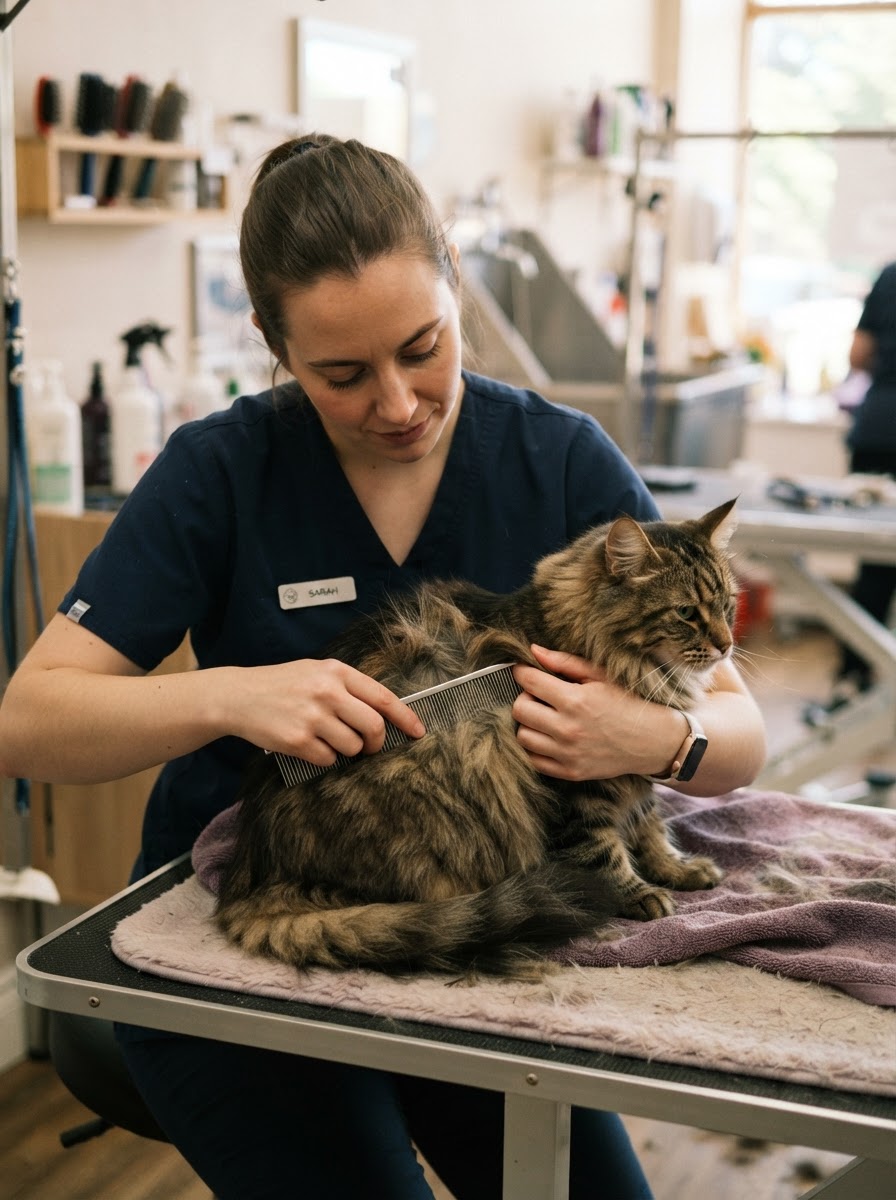 A groomer gently working through a tangle in a long-haired cat's coat with a comb