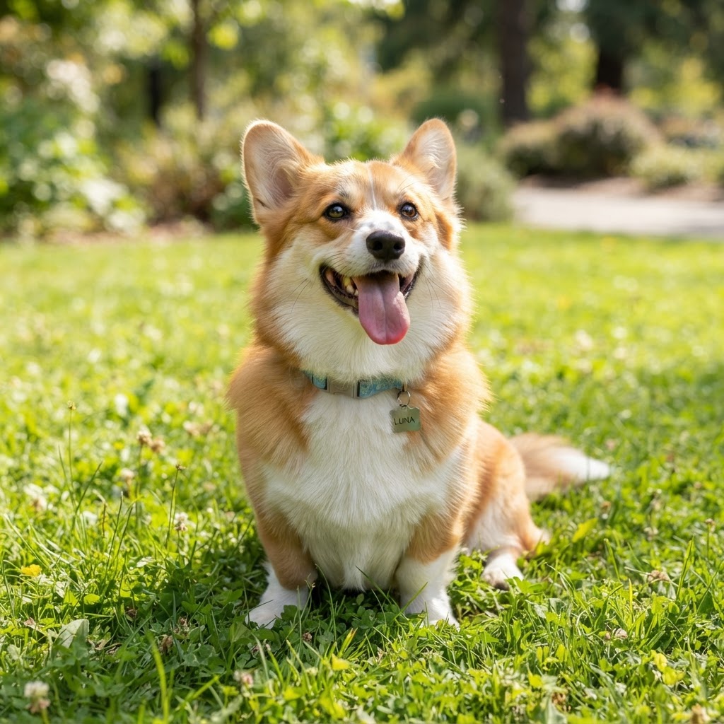 A happy freshly groomed corgi with a clean, shiny coat