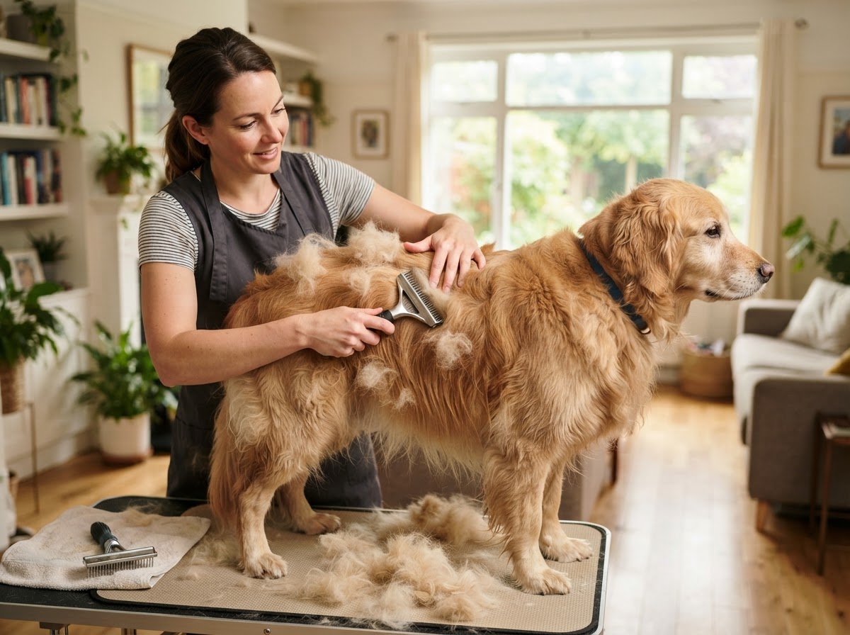 A groomer using a de-shedding brush tool on a golden retriever to remove loose fur
