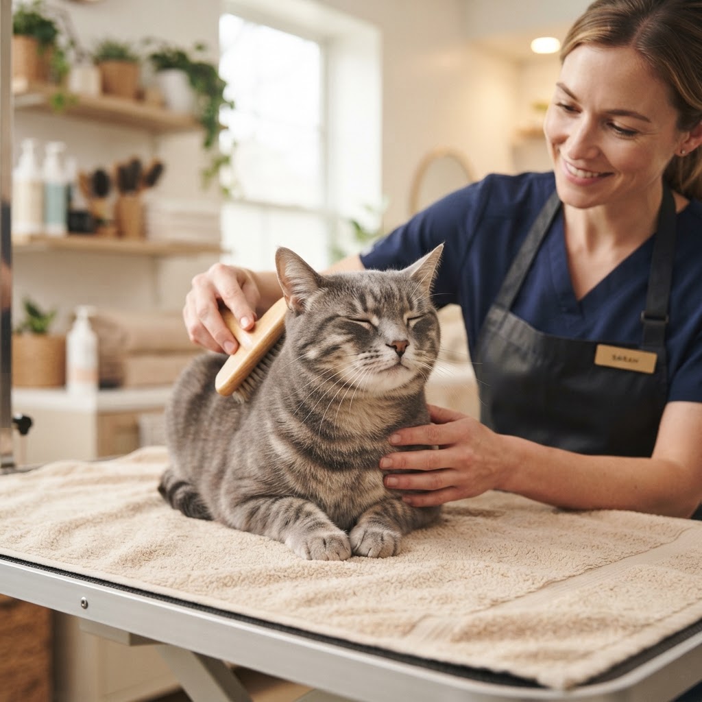 A calm cat receiving gentle exterior ear cleaning during grooming